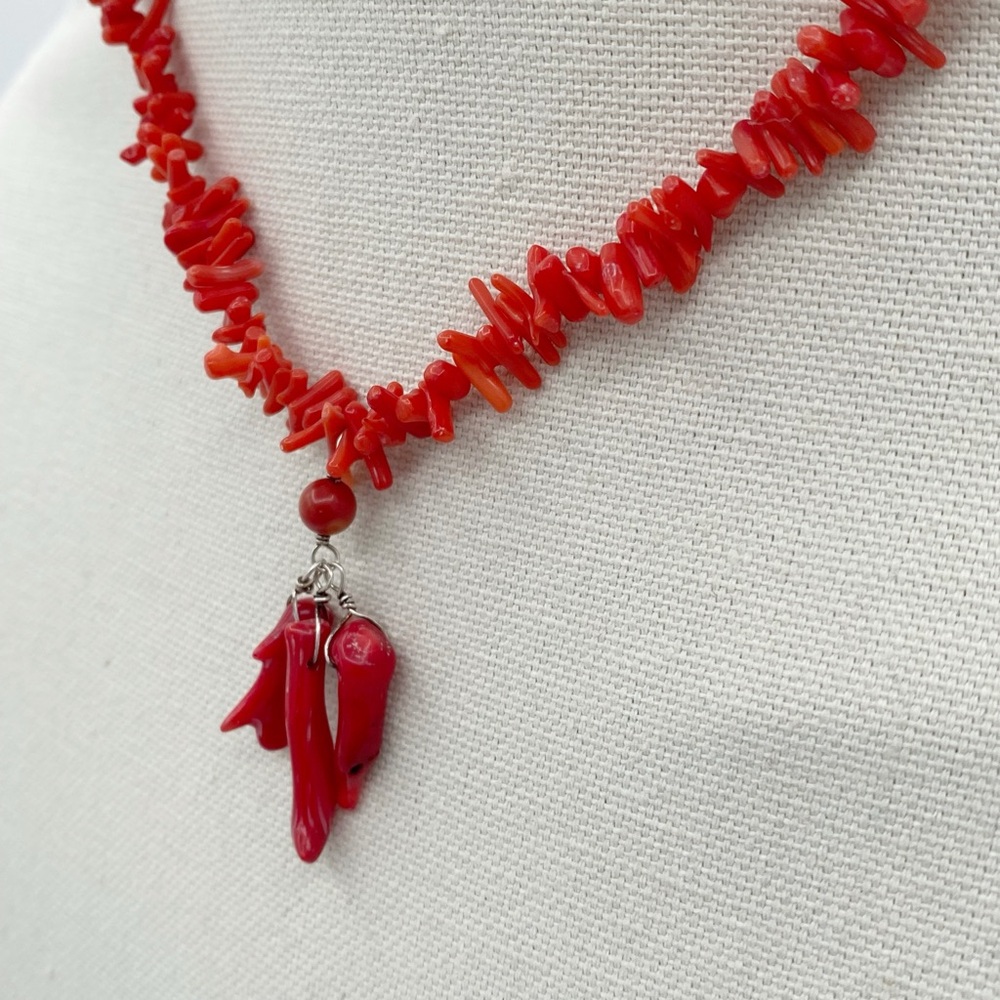 Vintage Red Coral Beaded Necklace With A Sterling Silver Toggle Clasp